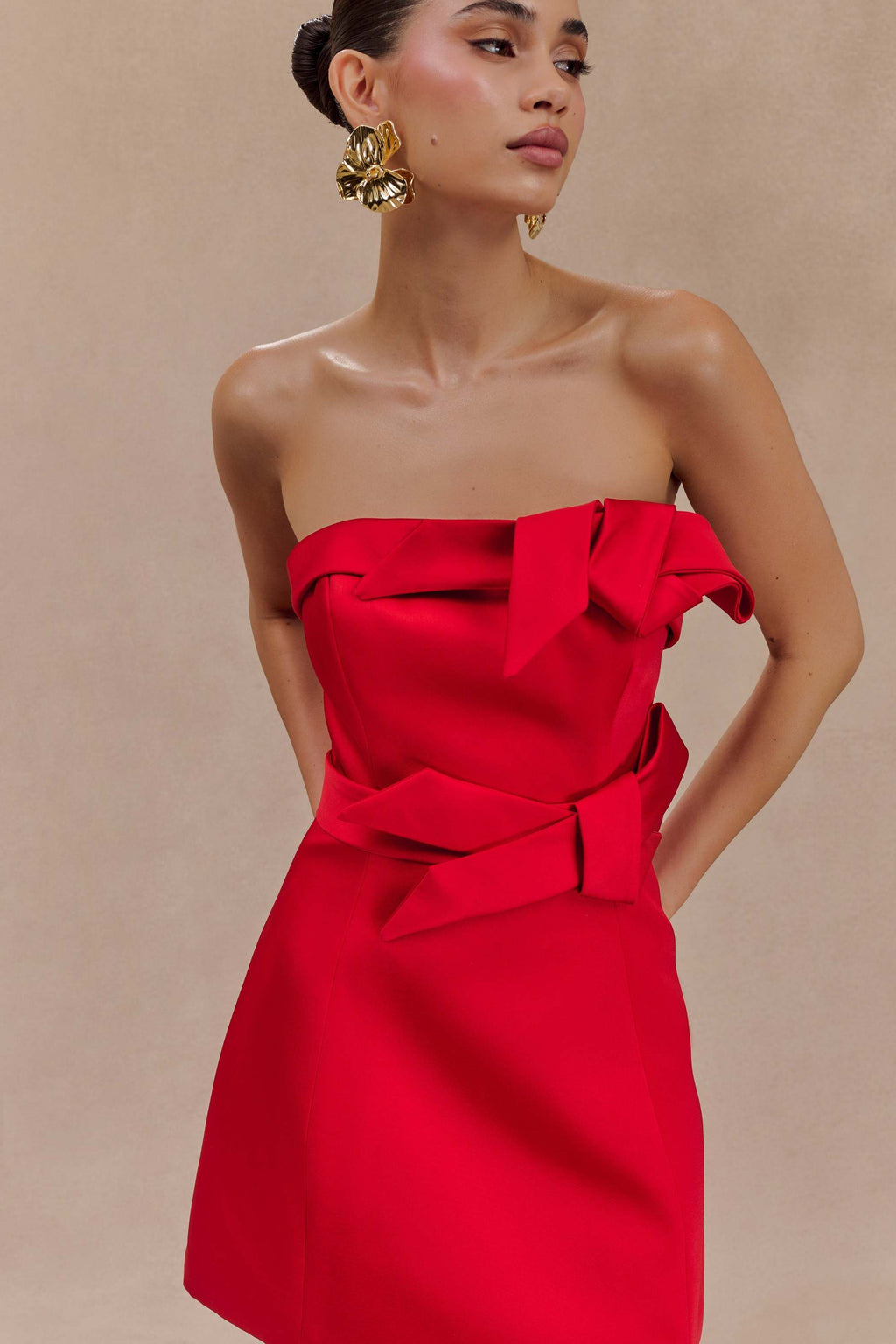 Red Satin Strapless Bow Mini Dress in red - view 3