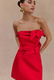 Red Satin Strapless Bow Mini Dress in red - view 3