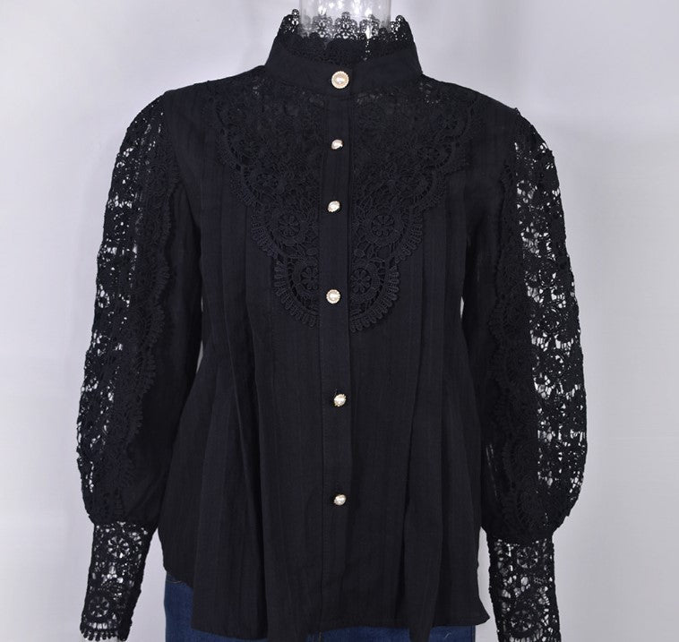 Vintage Crochet Lace High-Neck Blouse in black - view 5