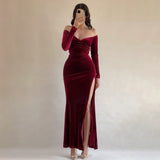 Velvet Off-Shoulder High-Slit Maxi Dress in burgundy - view 2
