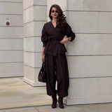 Wrap V-Neck Blazer and Wide Leg Trousers Set in chocolate brown - view 2