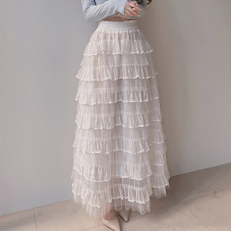 White Tiered Ruffle Maxi Skirt in white