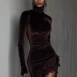 Velvet Turtleneck Lace-Hem Mini Dress in chocolate - view 2