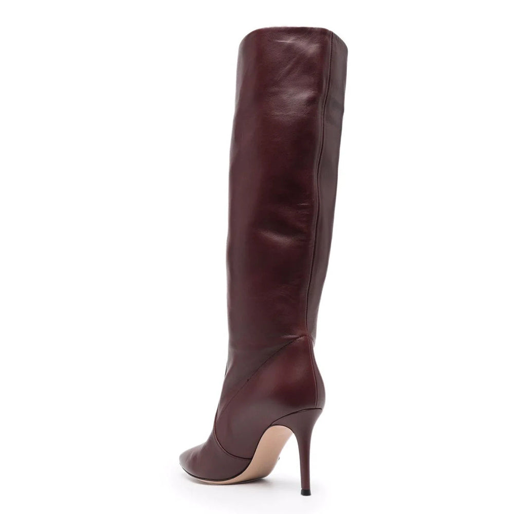 Burgundy Leather-Look Pointed Knee-High Boots in burgundy - view 5