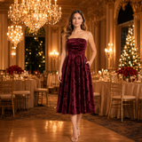 Burgundy Velvet Strapless Pleated Midi Dress in burgundy - view 4