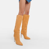 Suede Stiletto Knee-High Boots in tan