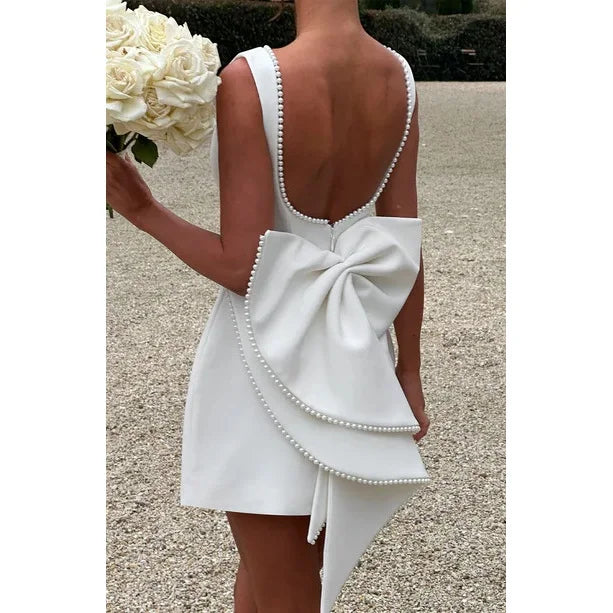 Pearl-Trim Bow Back Mini Dress in white