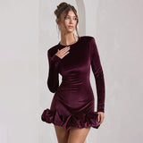 Velvet Crew Neck Ruffle Hem Mini Dress in burgundy - view 2