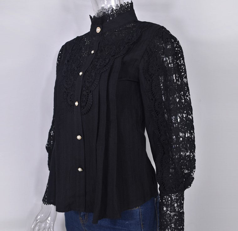 Vintage Crochet Lace High-Neck Blouse in black - view 3