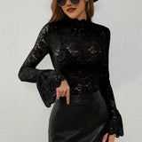 Sheer Lace Mock Neck Long Sleeve Top in black