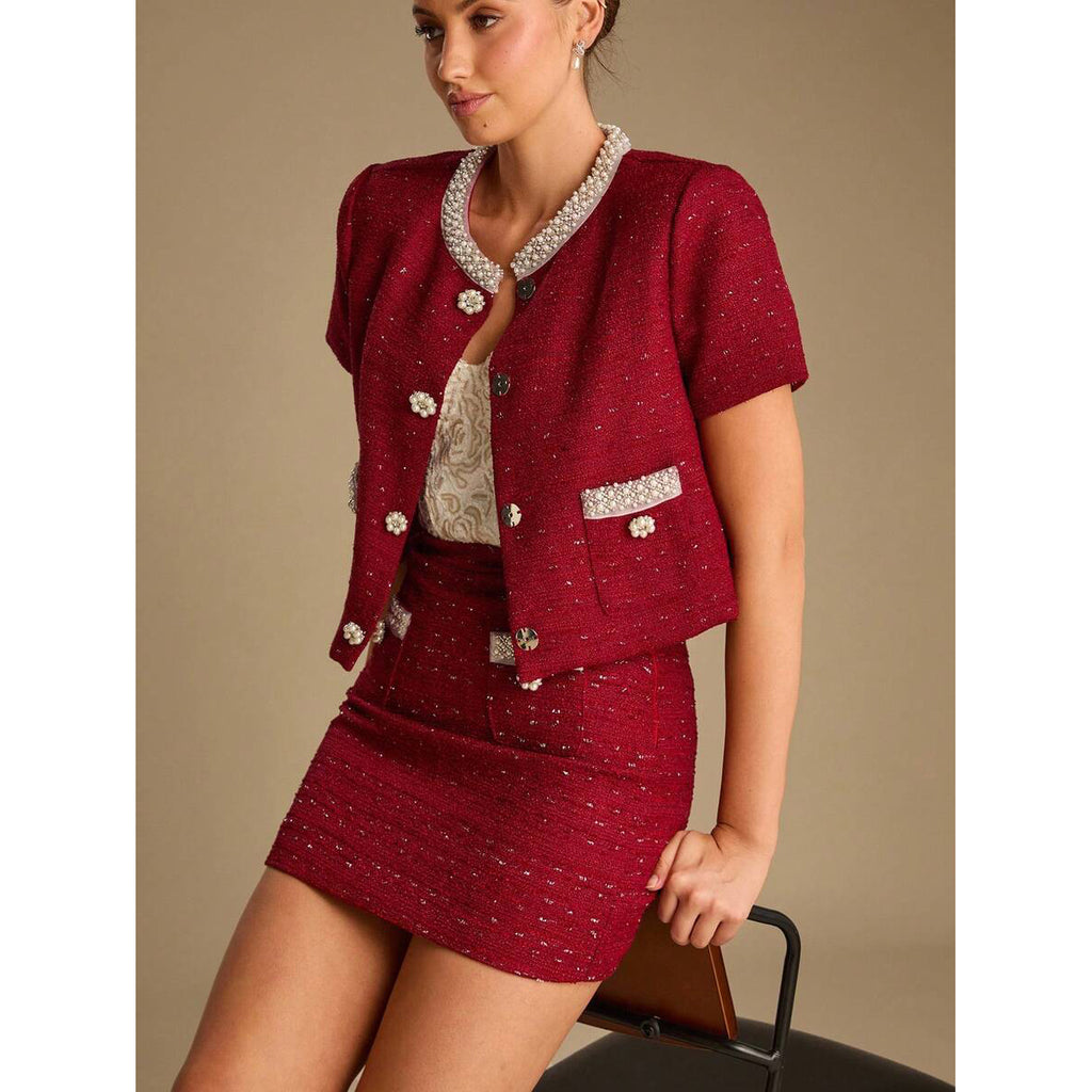Tweed Cropped Jacket and Shorts Set in burgundy - view 4