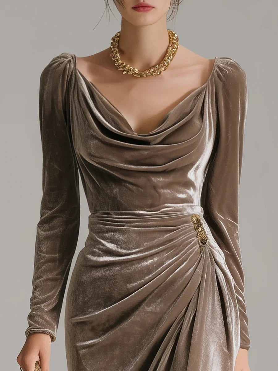Velvet Cowl Neck Ruched High-Slit Midi Dress in taupe - view 3