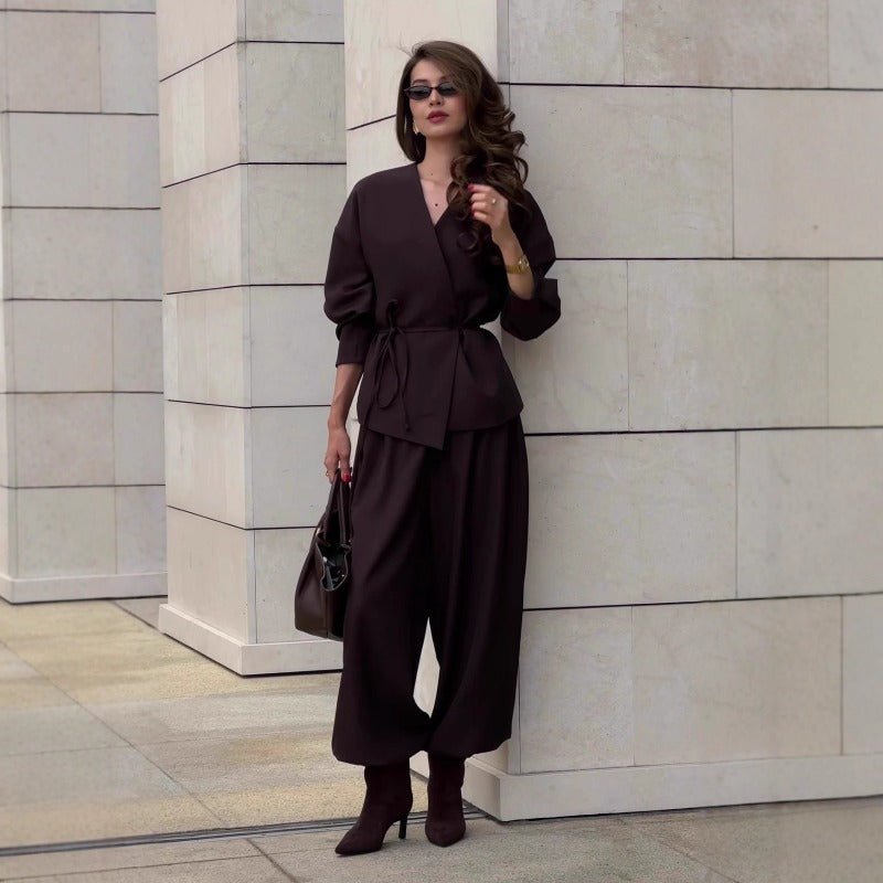 Wrap V-Neck Blazer and Wide Leg Trousers Set in chocolate brown - view 4