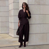 Wrap V-Neck Blazer and Wide Leg Trousers Set in chocolate brown - view 4