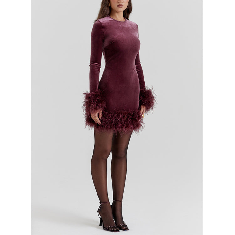Burgundy Velvet Feather-Trim Mini Dress in burgundy - view 3
