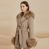 Belted Faux Wool Coat with Faux Fur Collar in beige