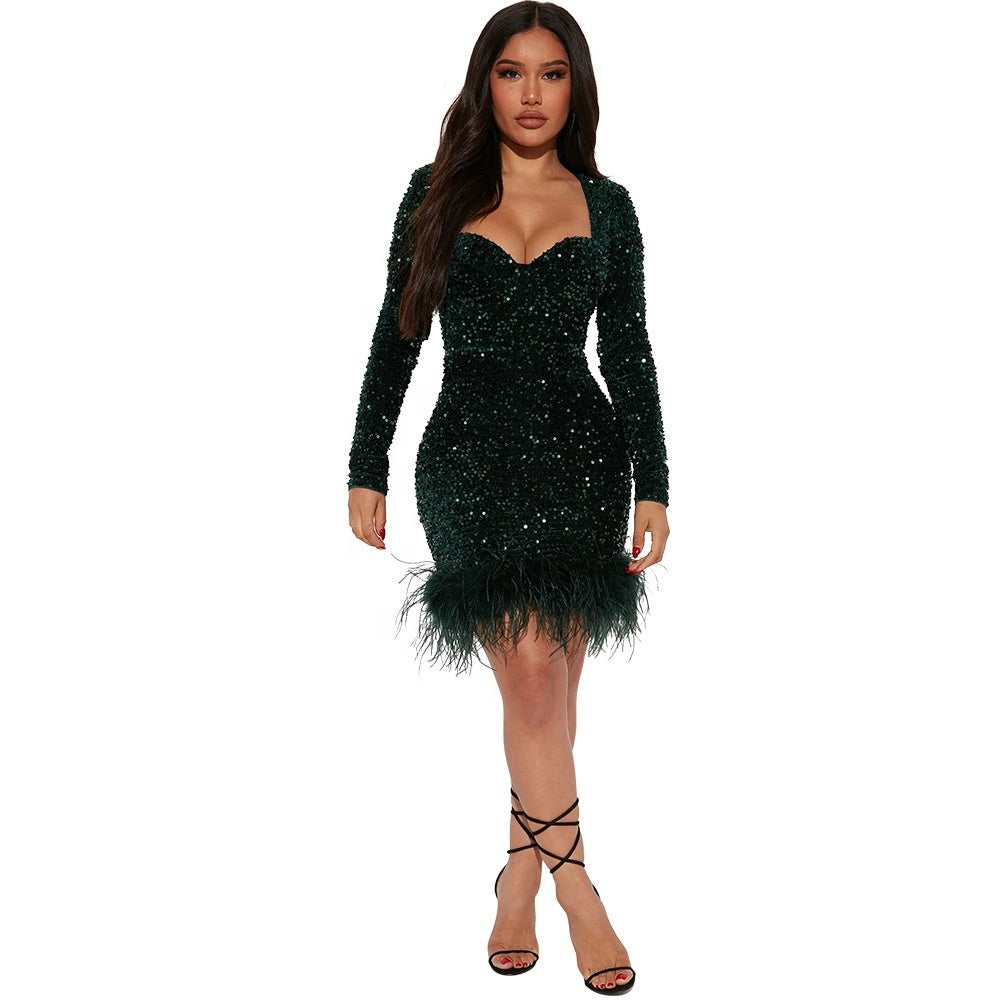 Sparkle Feather Hem Long Sleeve Mini Dress in emerald - view 4