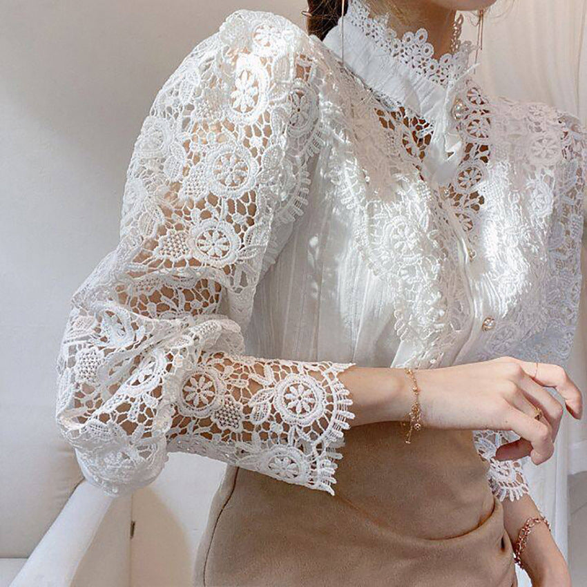 Vintage Crochet Lace High-Neck Blouse in cream - view 6