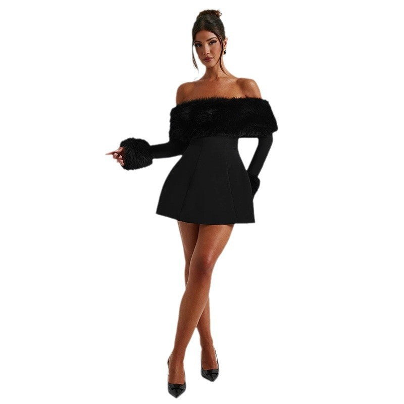 Off Shoulder Faux Fur Trim Skater Mini Dress in black - view 5