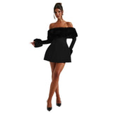 Off Shoulder Faux Fur Trim Skater Mini Dress in black - view 5