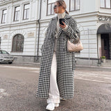 Houndstooth Belted Longline Wrap Coat in black and white houndstooth