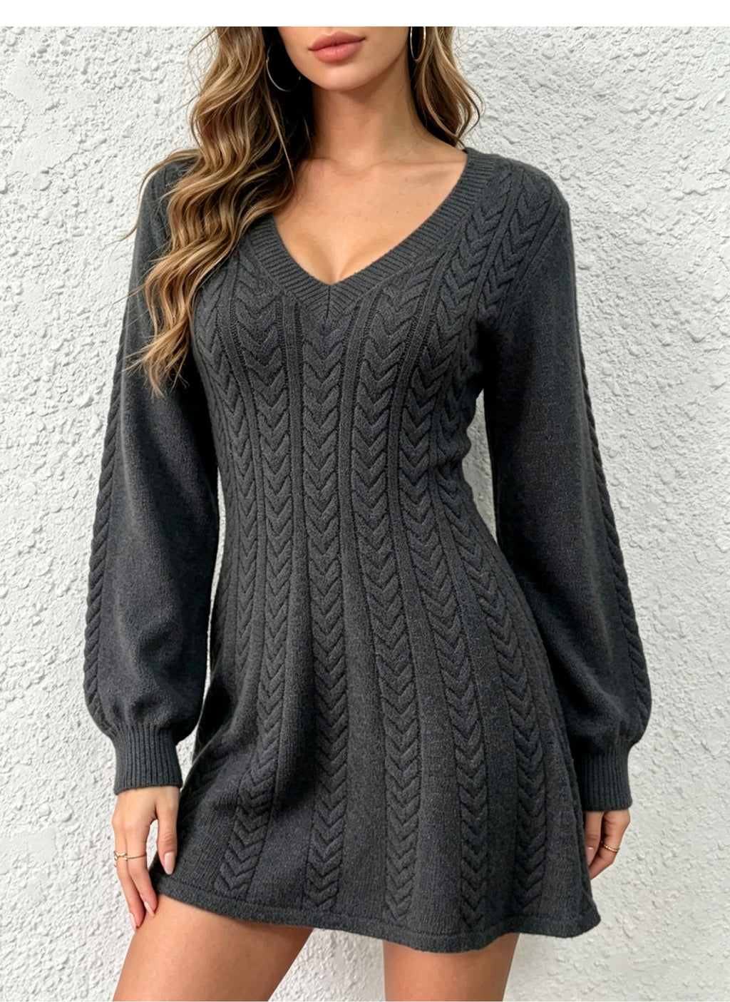 V-Neck Cable Knit A-Line Sweater Mini Dress in charcoal - view 6