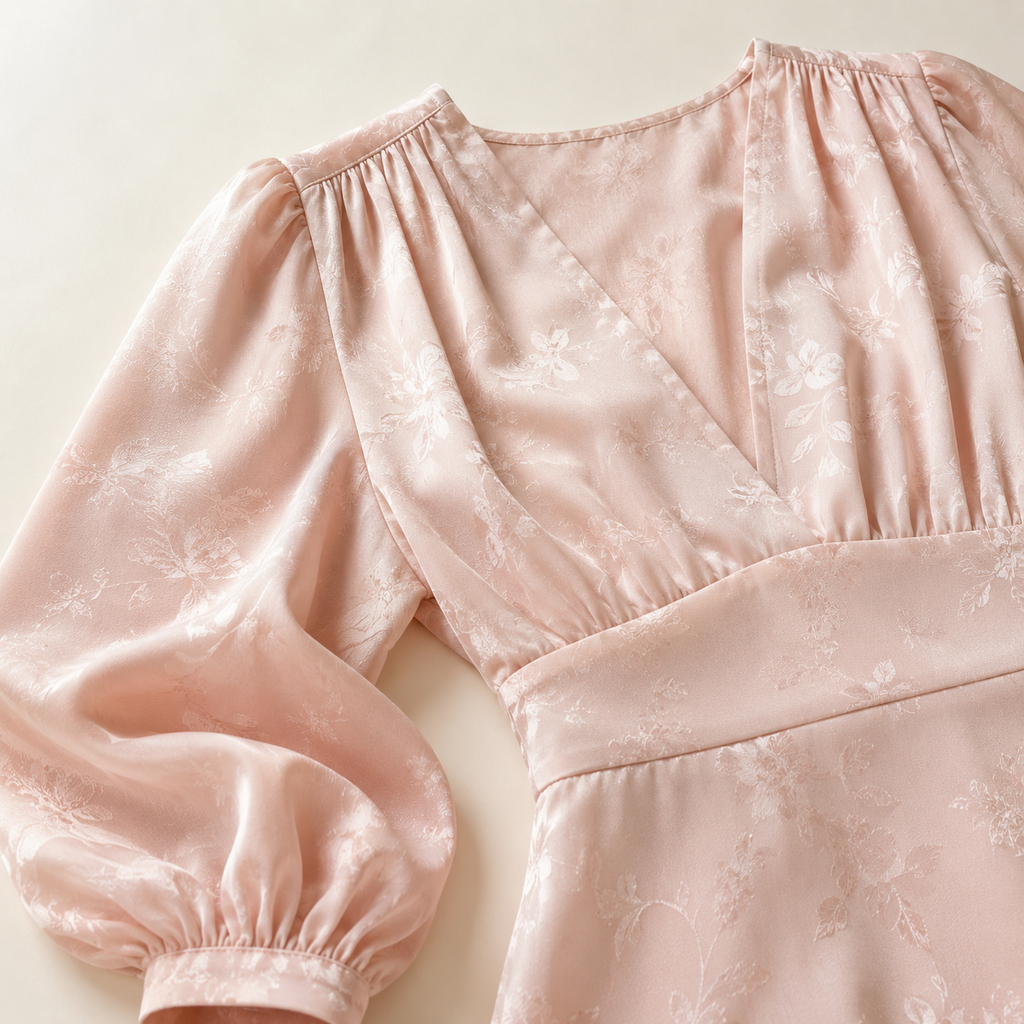Jacquard Satin Puff Sleeve V-Neck Mini Dress in blush pink - view 2