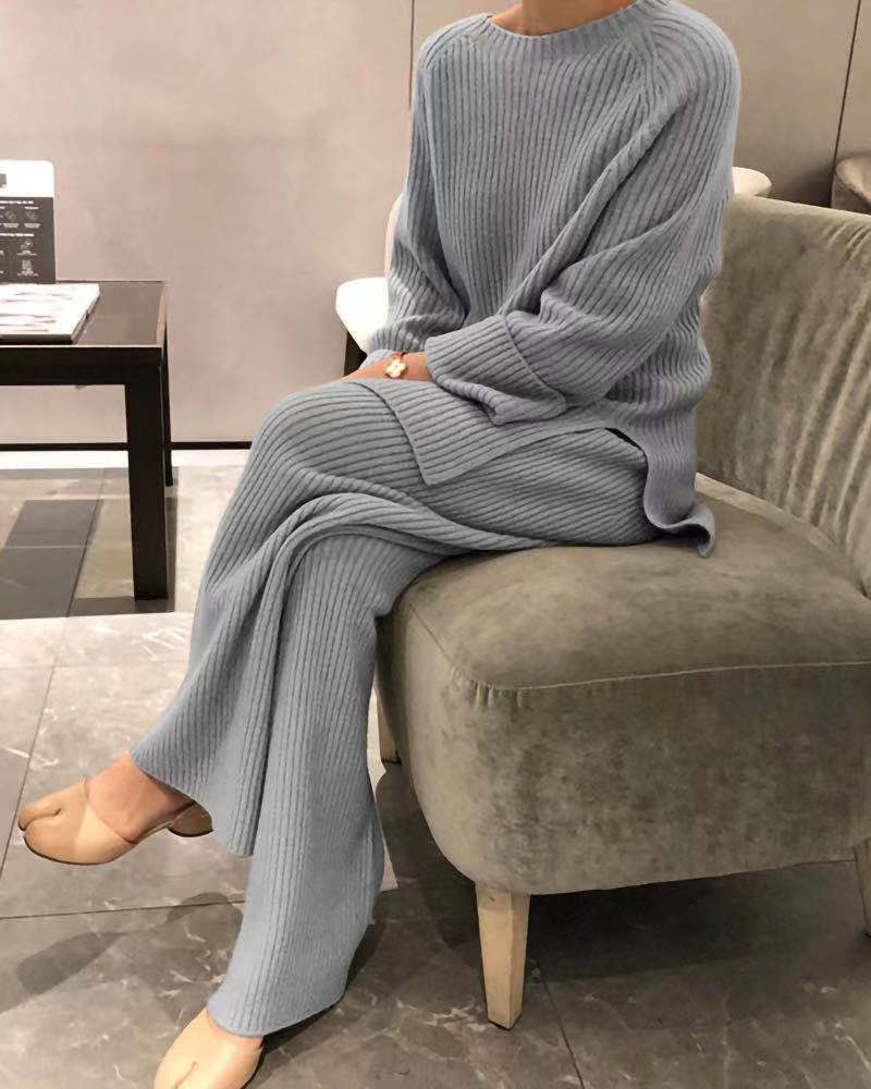 Loose Knit Sweater and Wide Leg Pants Set in grey - view 2