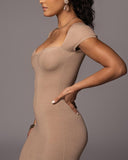 Off Shoulder Knit Bodycon Maxi Dress in beige - view 4