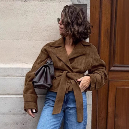 Suede Belted Wrap Coat in brown - view 3