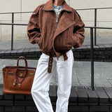 Oversized Faux Suede Belted Moto Jacket in chocolate - view 3