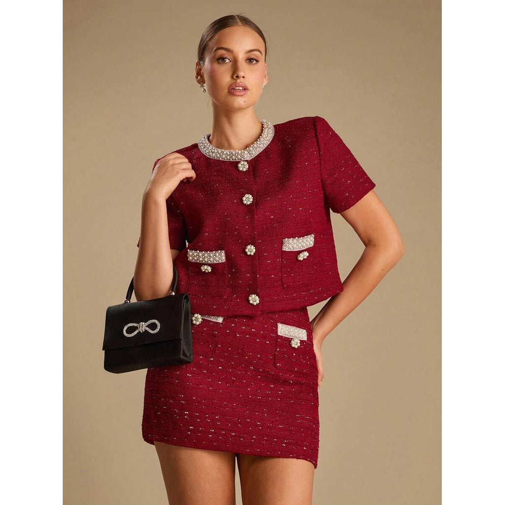 Tweed Cropped Jacket and Shorts Set in burgundy