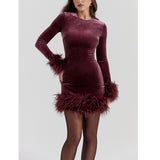 Burgundy Velvet Feather-Trim Mini Dress in burgundy