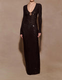 Sheer Mesh Rhinestone Deep V Long Sleeve Maxi Dress in black