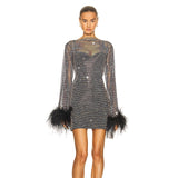 Fishnet Feather Trim Long Sleeve Rhinestone Mini Dress in black