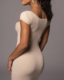 Off Shoulder Knit Bodycon Maxi Dress in nude - view 5