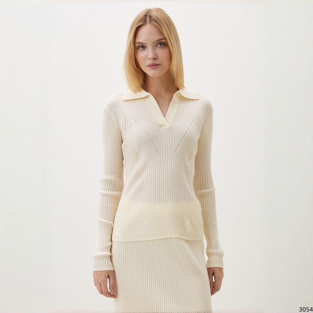 Cream Ribbed Knit Polo and Midi Skirt Set in cream - view 2
