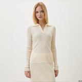 Cream Ribbed Knit Polo and Midi Skirt Set in cream - view 2