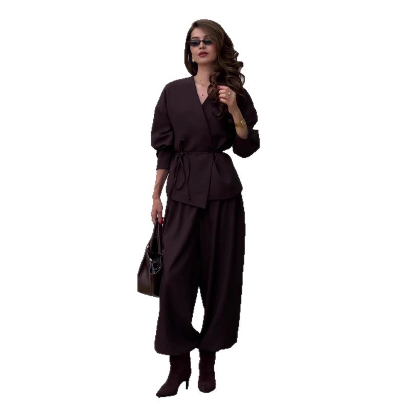 Wrap V-Neck Blazer and Wide Leg Trousers Set in chocolate brown - view 5