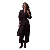 Wrap V-Neck Blazer and Wide Leg Trousers Set in chocolate brown - view 5