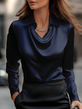 Satin Cowl Neck Long Sleeve Blouse in navy - view 3