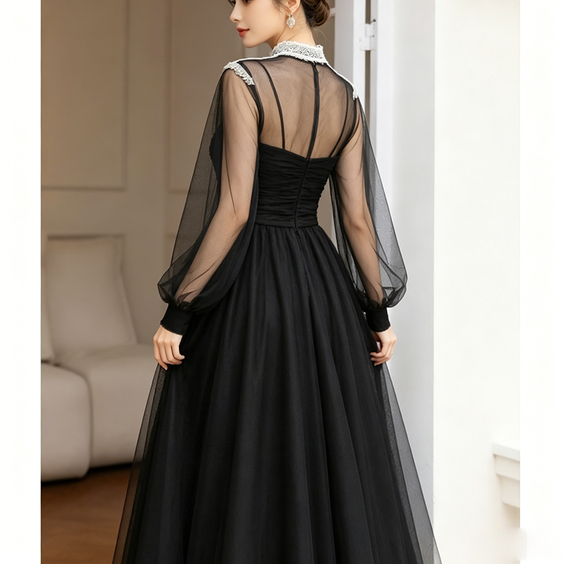 Black Tulle Lace Collar Maxi Dress in black - view 3