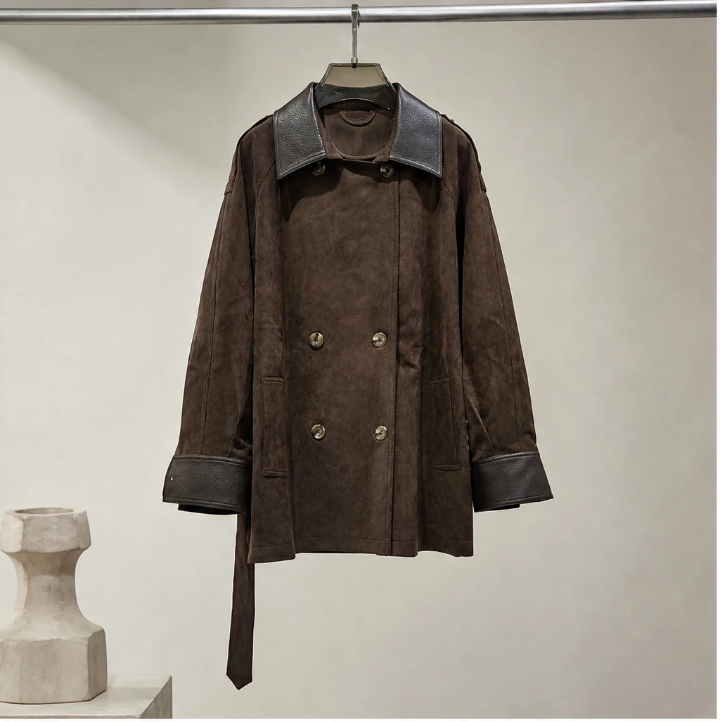 Faux Suede Leather-Collar Belted Double-Breasted Coat in chocolate - view 2