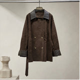 Faux Suede Leather-Collar Belted Double-Breasted Coat in chocolate - view 2