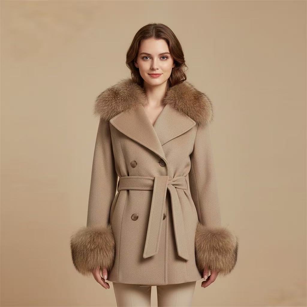 Belted Faux Wool Coat with Faux Fur Collar in beige - view 2