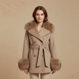 Belted Faux Wool Coat with Faux Fur Collar in beige - view 2