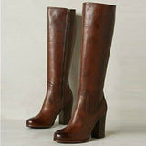 Cognac Leather-Look Block Heel Knee-High Boots in cognac
