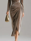 Velvet Cowl Neck Ruched High-Slit Midi Dress in taupe - view 4