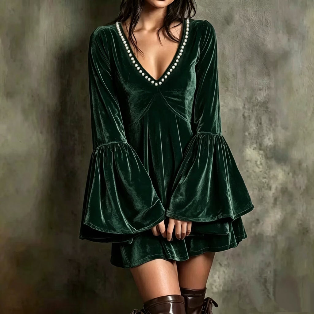 Velvet Pearl-Trim V-Neck Bell Sleeve Mini Dress in emerald - view 3