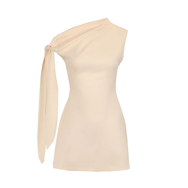 One-Shoulder Bow Draped Mini Dress in cream - view 3